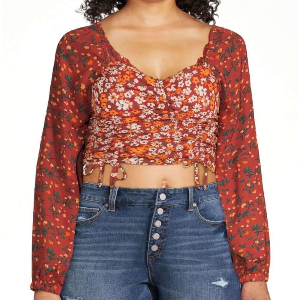 Madden NYC Junior's Shirred floral Print Peasant Top L Puff sleeve smocked